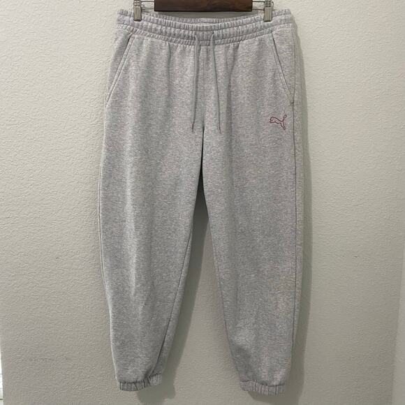 Puma Pants - PUMA Womens L Gray Cropped Joggers Pink Logo Sweatpants Athleisure